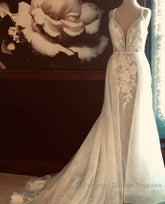 Classic Double V Neck Floral Lace Wedding Bridal Gowns Sweep Train